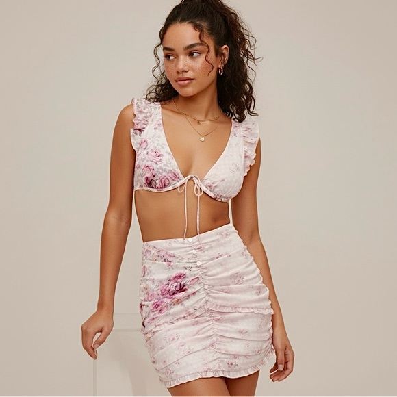 For Love And Lemons Dresses & Skirts - For Love & Lemons NWT Taylor Pink Floral Ruffle Crop Top Ruched Skirt Set Large